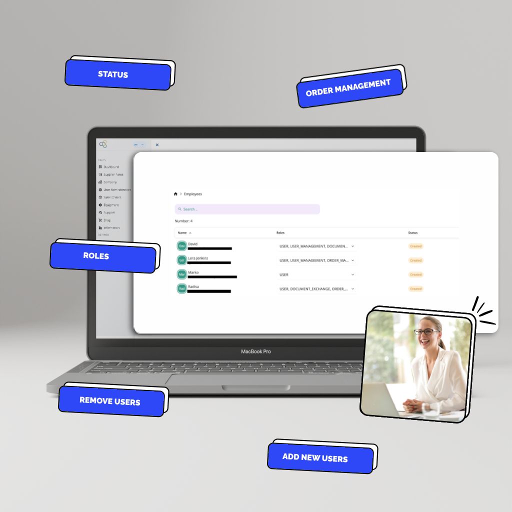 S4INFINITY Benutzerverwaltung: Mitarbeiterliste mit Rollen und Status auf einem Laptop