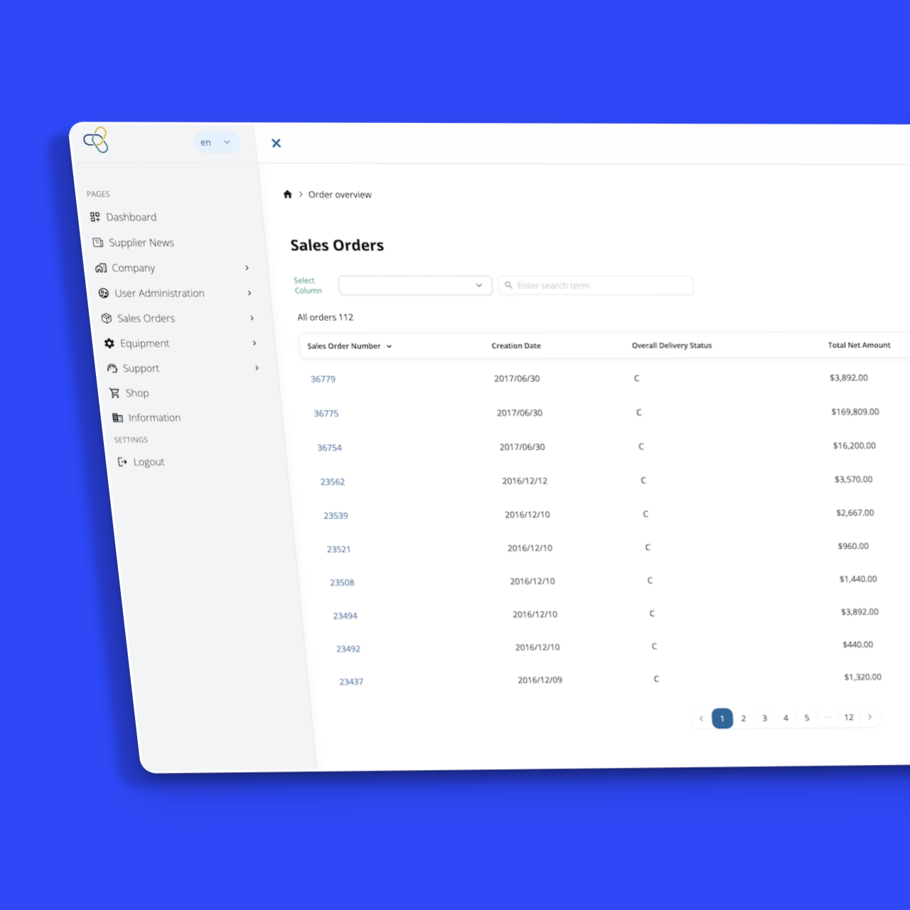 S4INFINITY Portal: Übersicht der Sales Orders mit Auftragsnummer, Datum, Lieferstatus und Nettobetrag