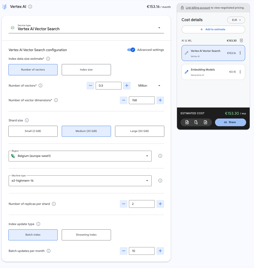 Google Price Calculator Vector Search