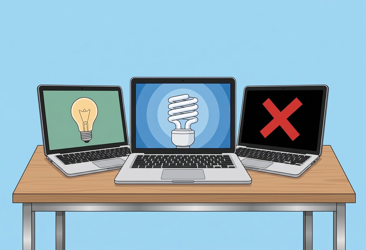 Drei Laptops nebeneinander: links eine Glühbirne, in der Mitte eine Energiesparlampe, rechts ein dunkler Bildschirm mit rotem Kreuz